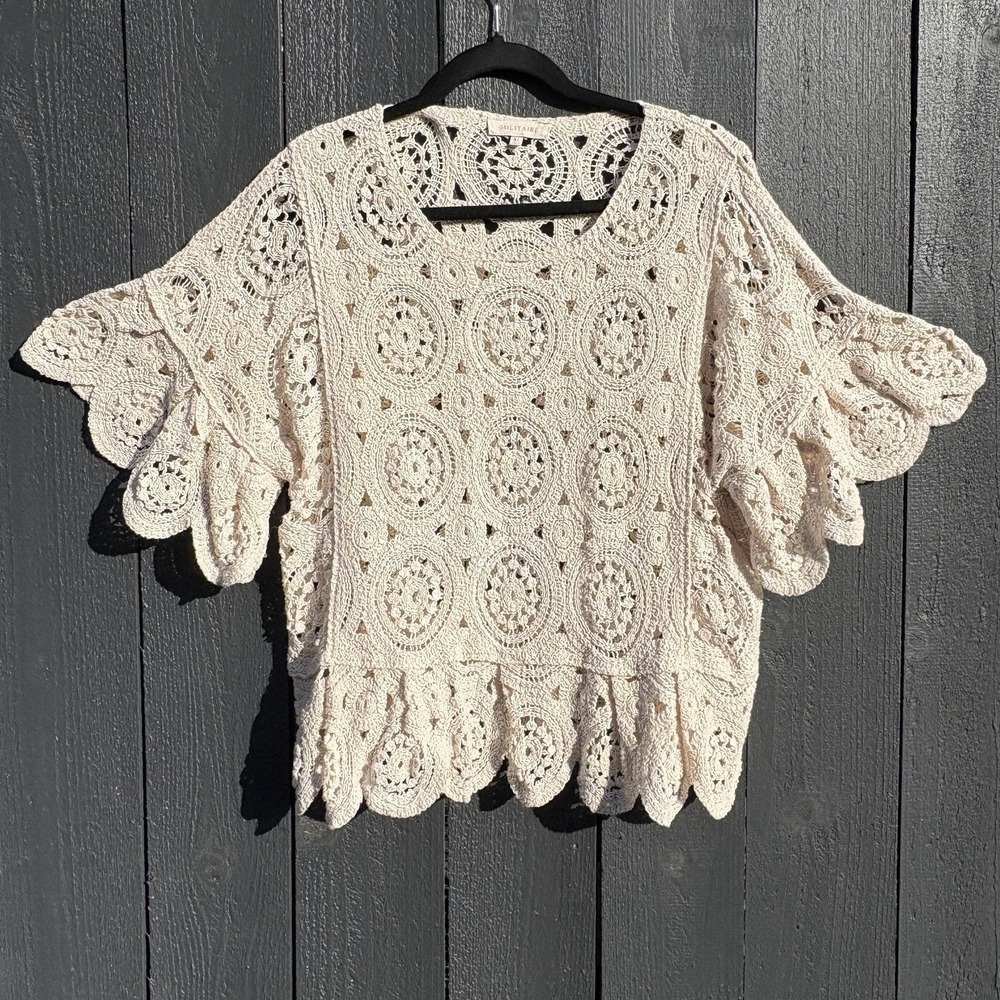 Solitaire Boho Crochet Lace Peplum Top XL Cottage Sheer Festival Indie Romantic
